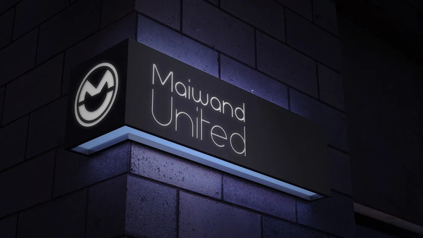 Illuminated exterior brand signage for Maiwand United.