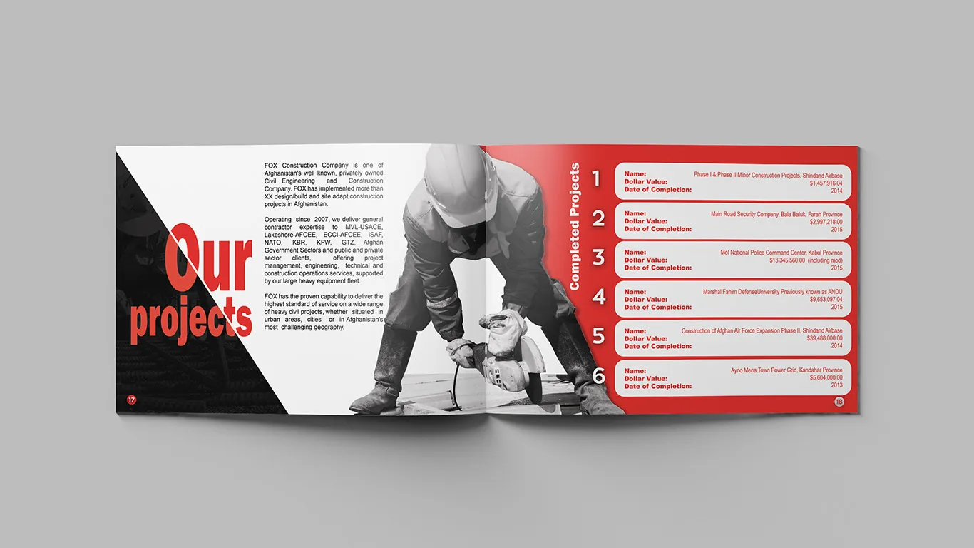 Printed company brochure spread.