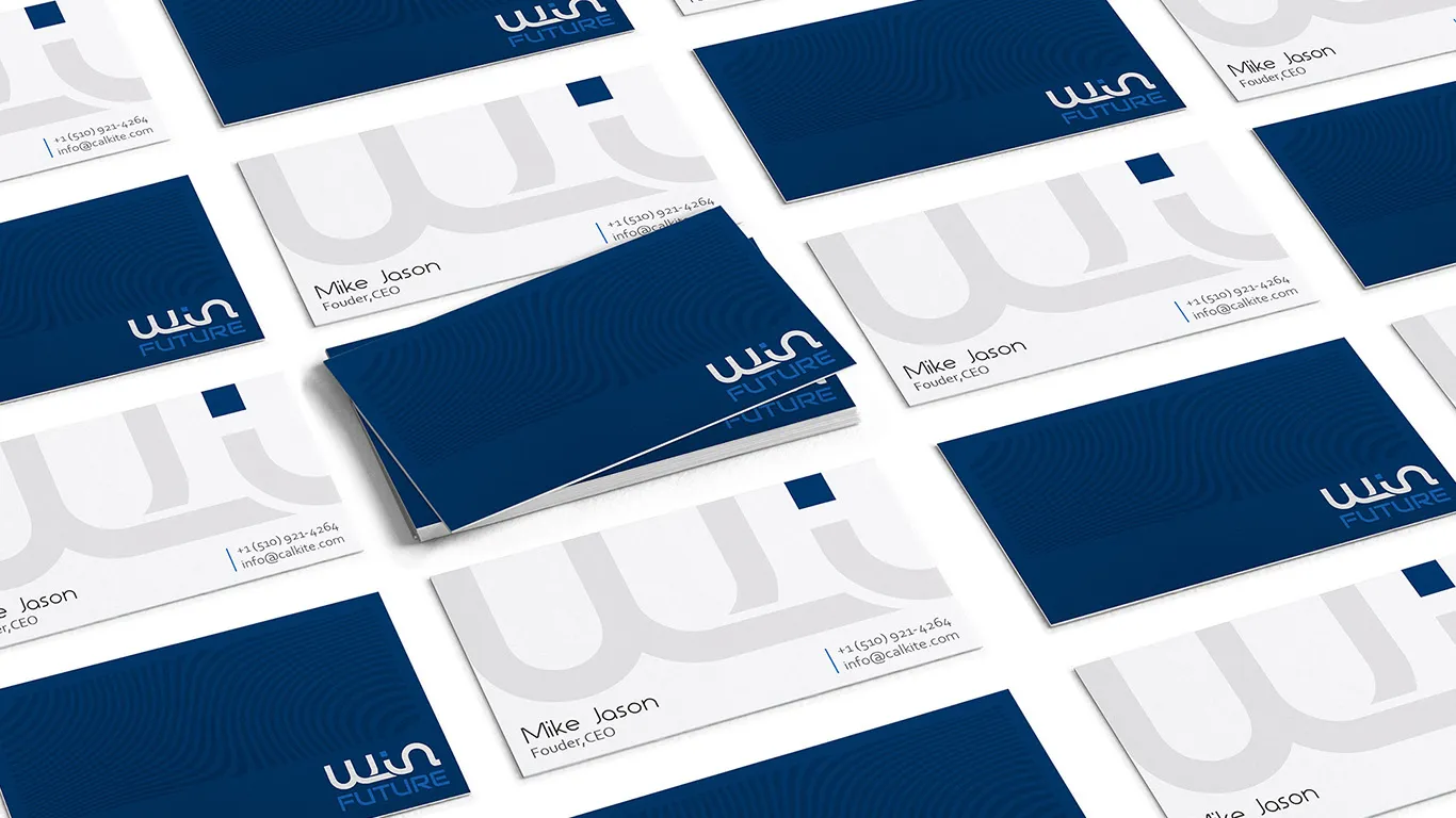 Business cards and folders in a navy brand identity system.