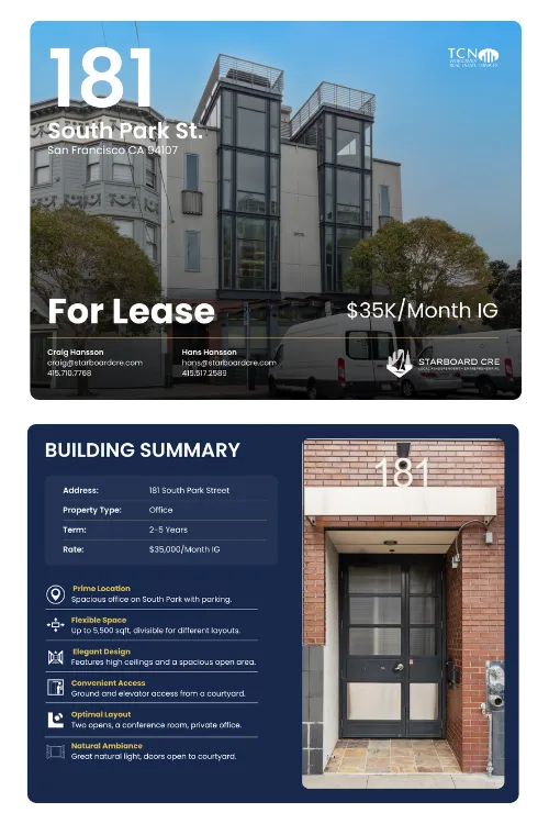 Commercial real estate listing flyer — 181 South Park St, San Francisco, for lease.