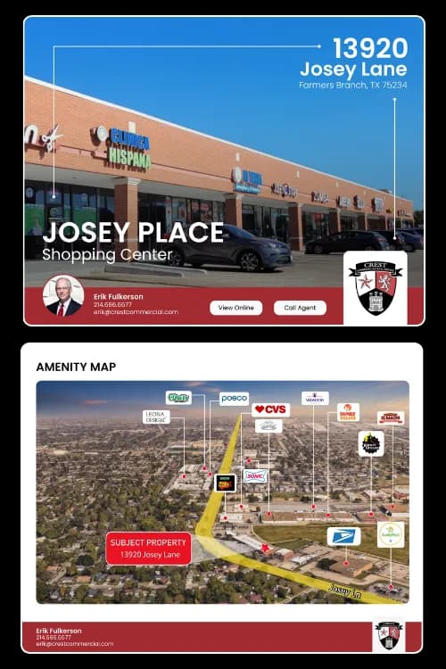 Commercial real estate marketing package — property summary and floor plan layout.
