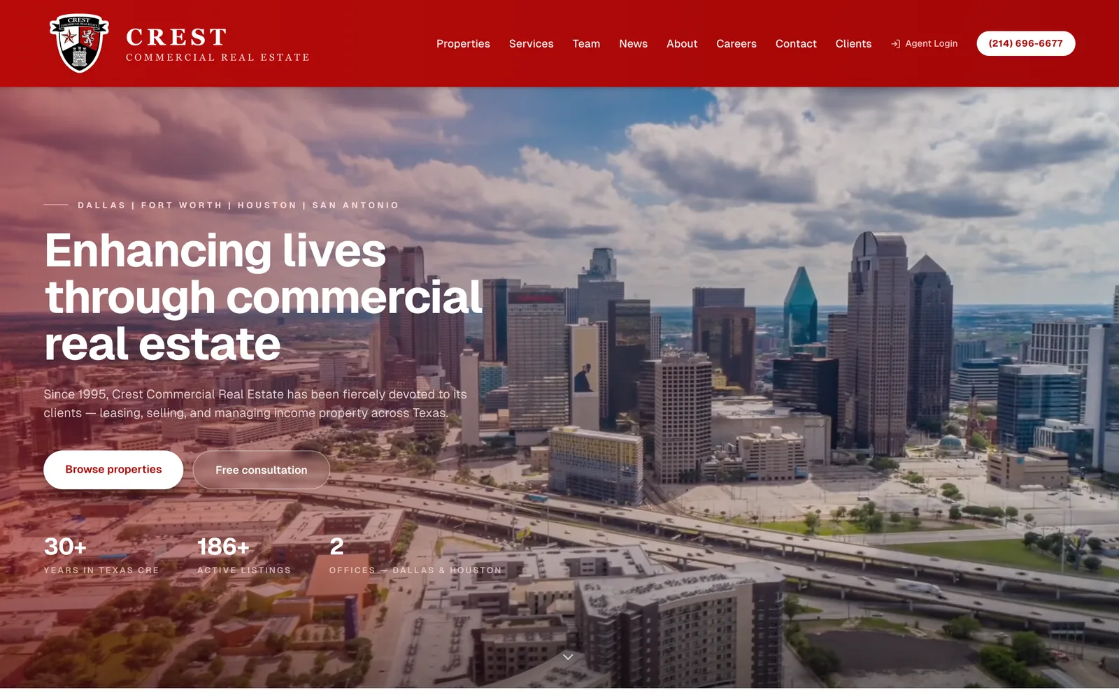 Crest Commercial home page with a Dallas skyline hero and live listing counts.