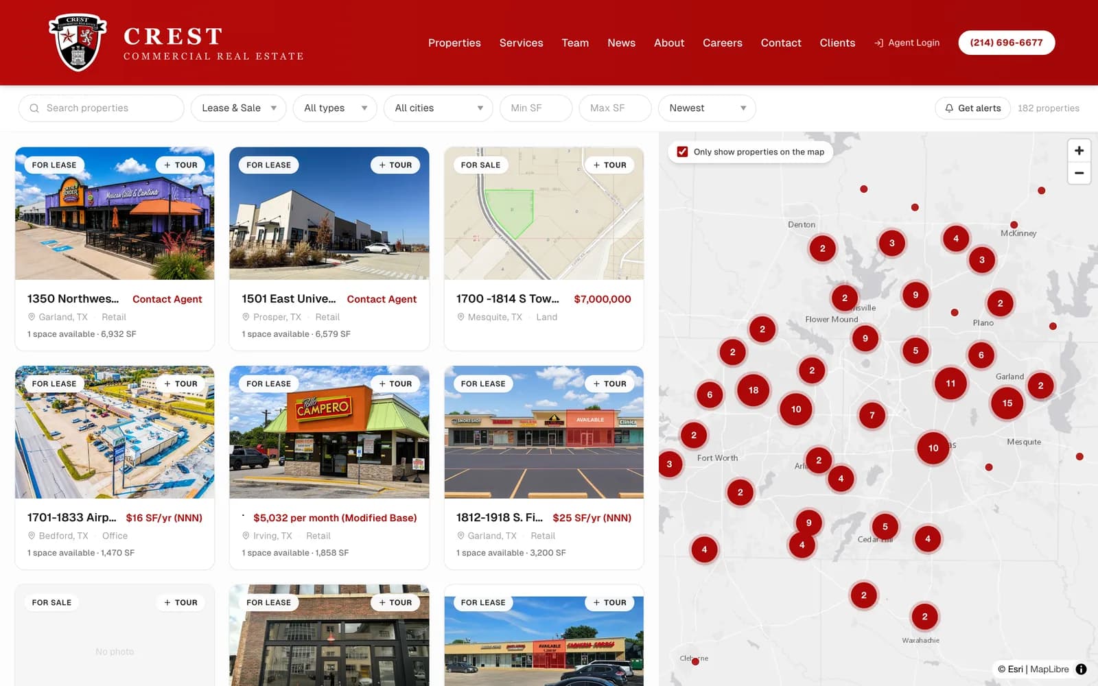 The Crest Commercial platform: clustered property map with live filters beside a synchronised listing grid.